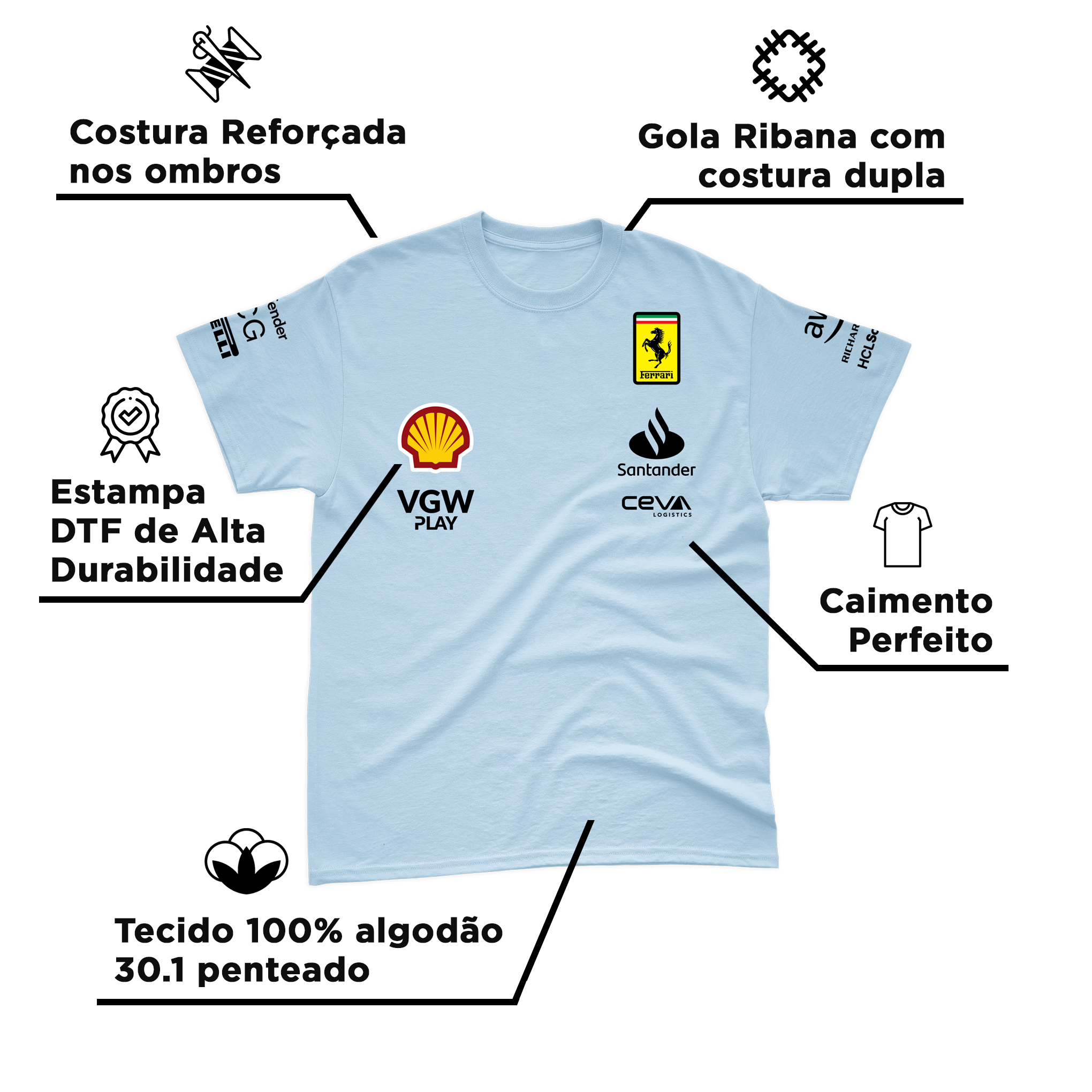 Camiseta Algodão Carlos Sainz Ferrari 2024 Azul Bebê