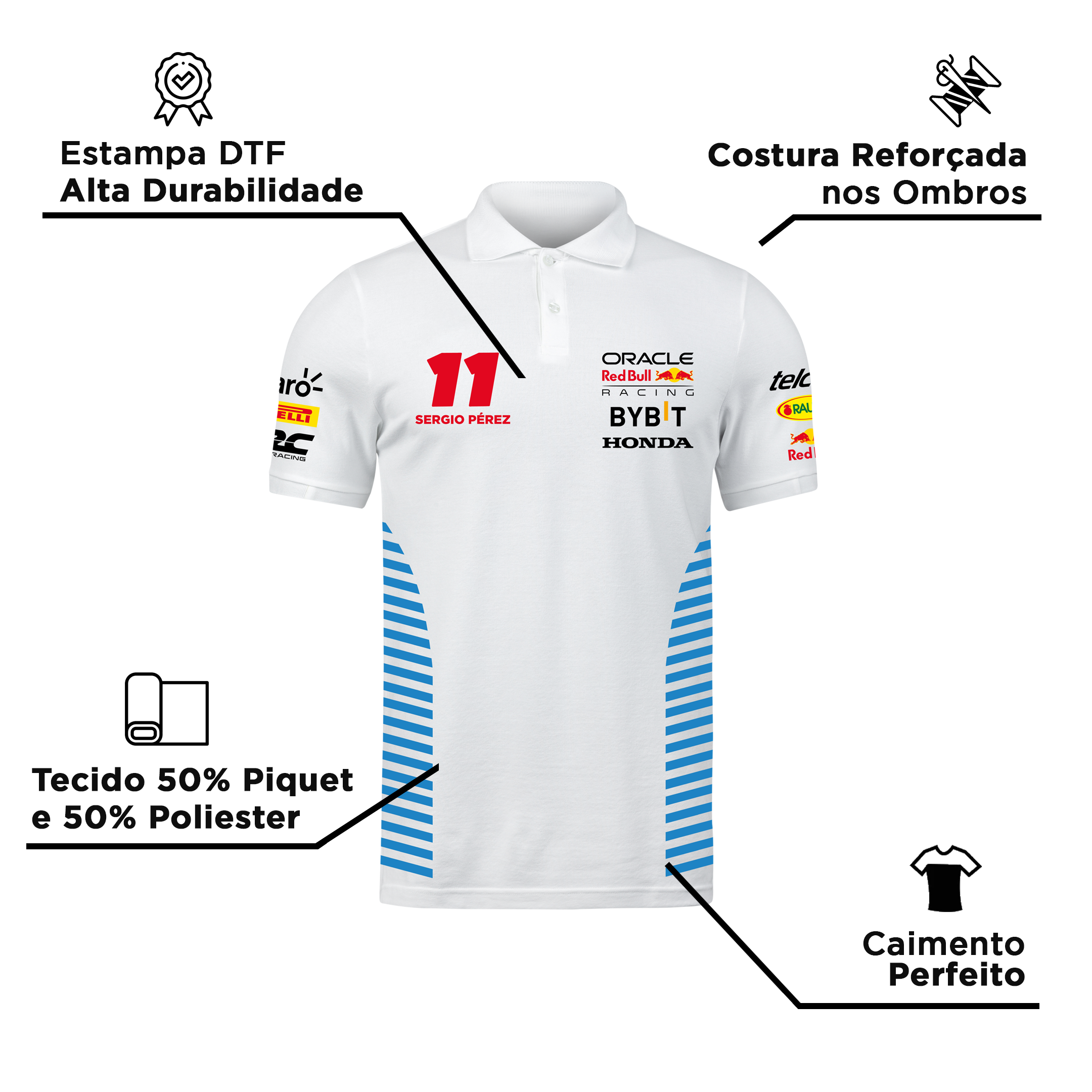 Camisa Polo Sergio Perez Red Bull Racing 2024 Branca