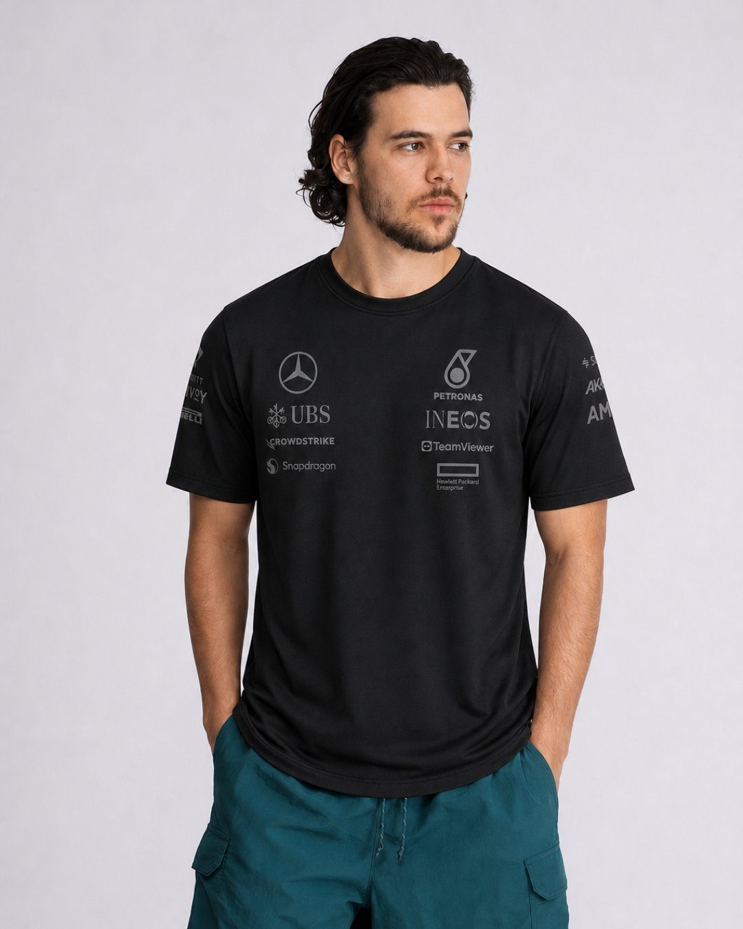 Camiseta Algodão Lewis Hamilton Mercedes 2024 All Black