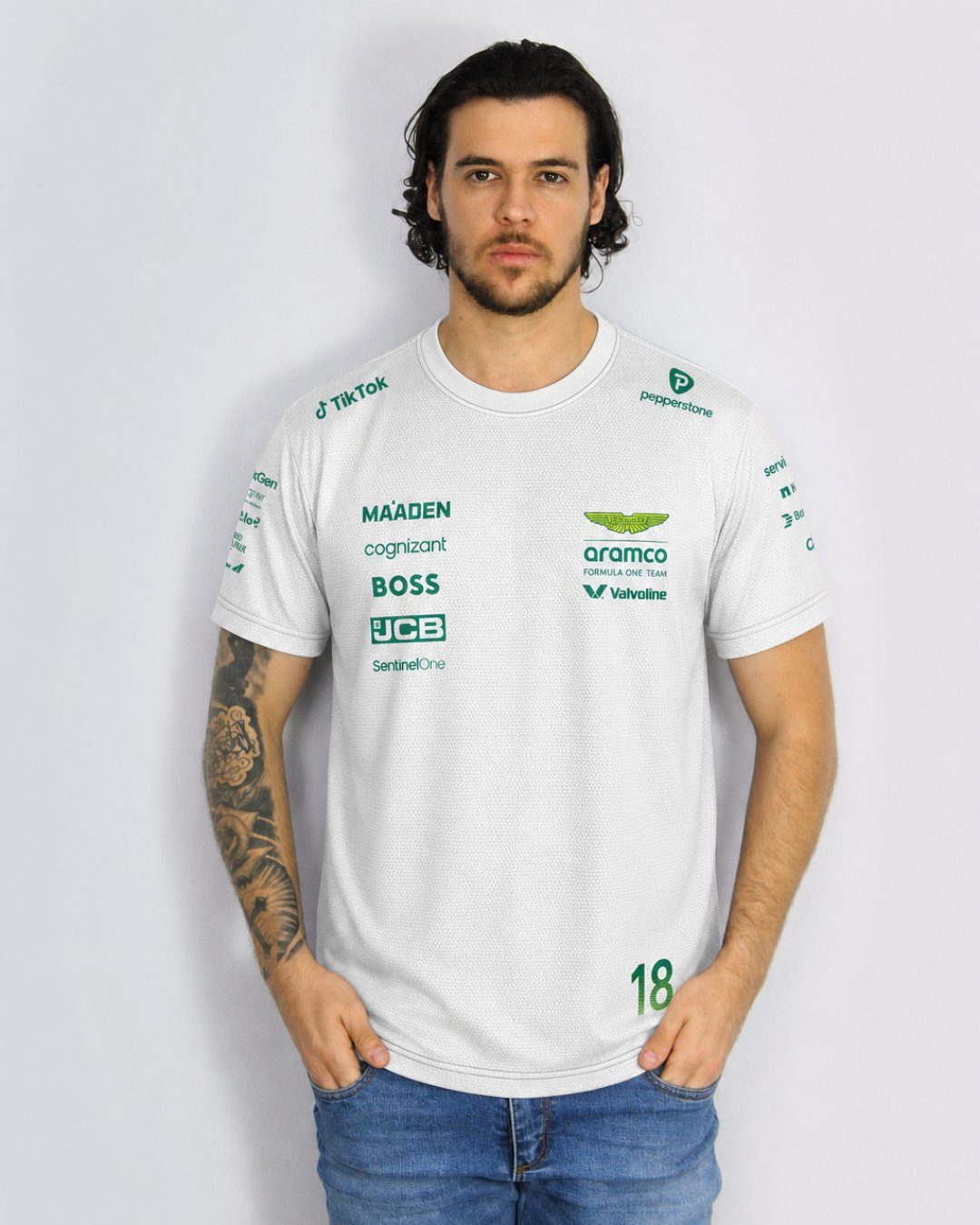 Camiseta Dryfit Aston Martin Lance Stroll Branco 2025