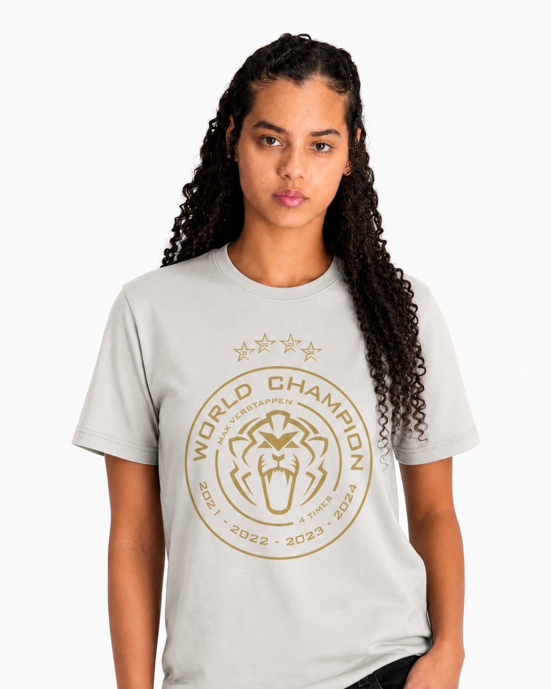 Camiseta Max Verstappen Campeão Mundial 2024 Off White Algodão