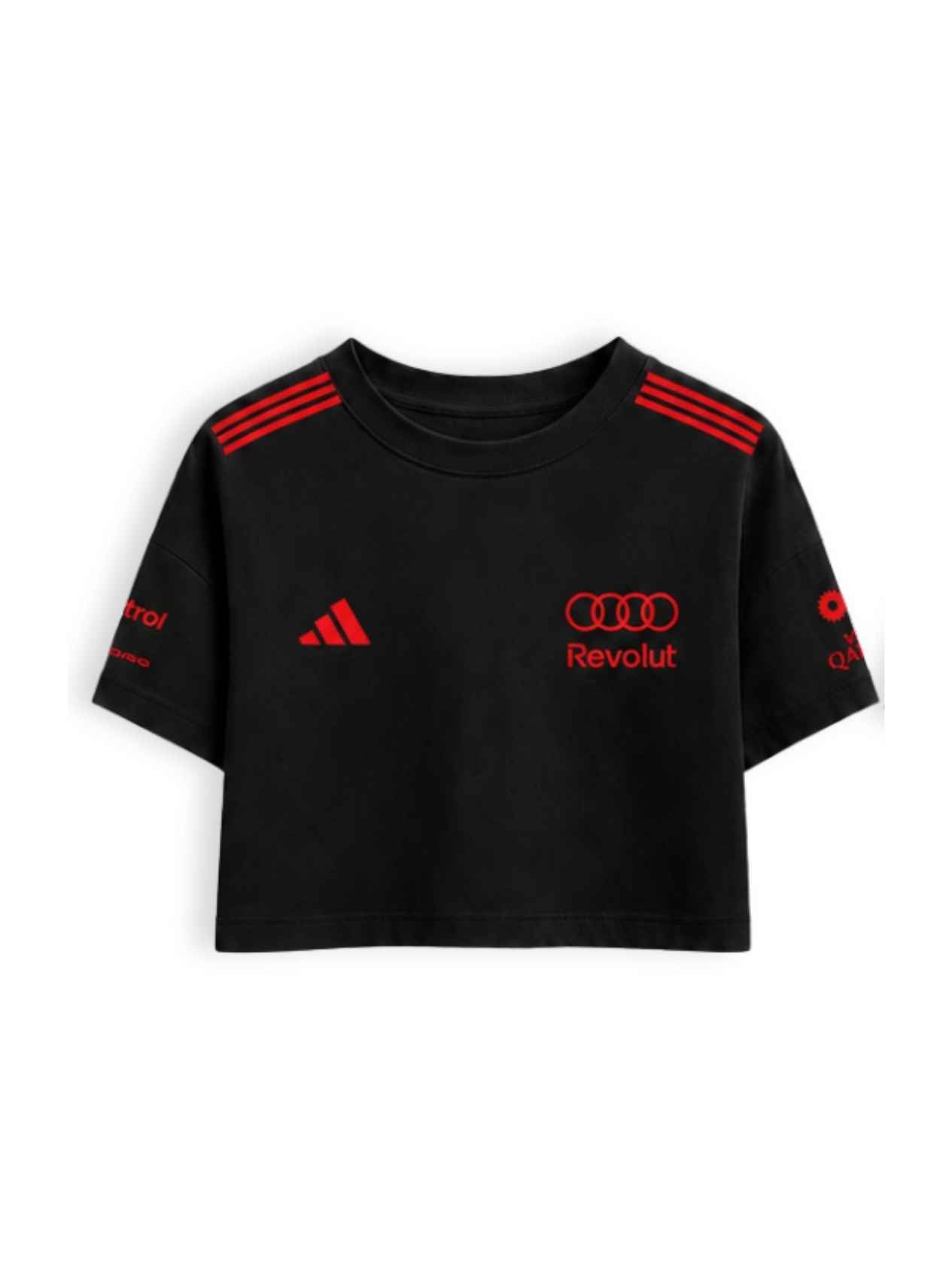 Cropped F1 Audi Gabriel Bortoleto Red & Black preto — frente com os anéis Audi, Revolut e adidas em vermelho