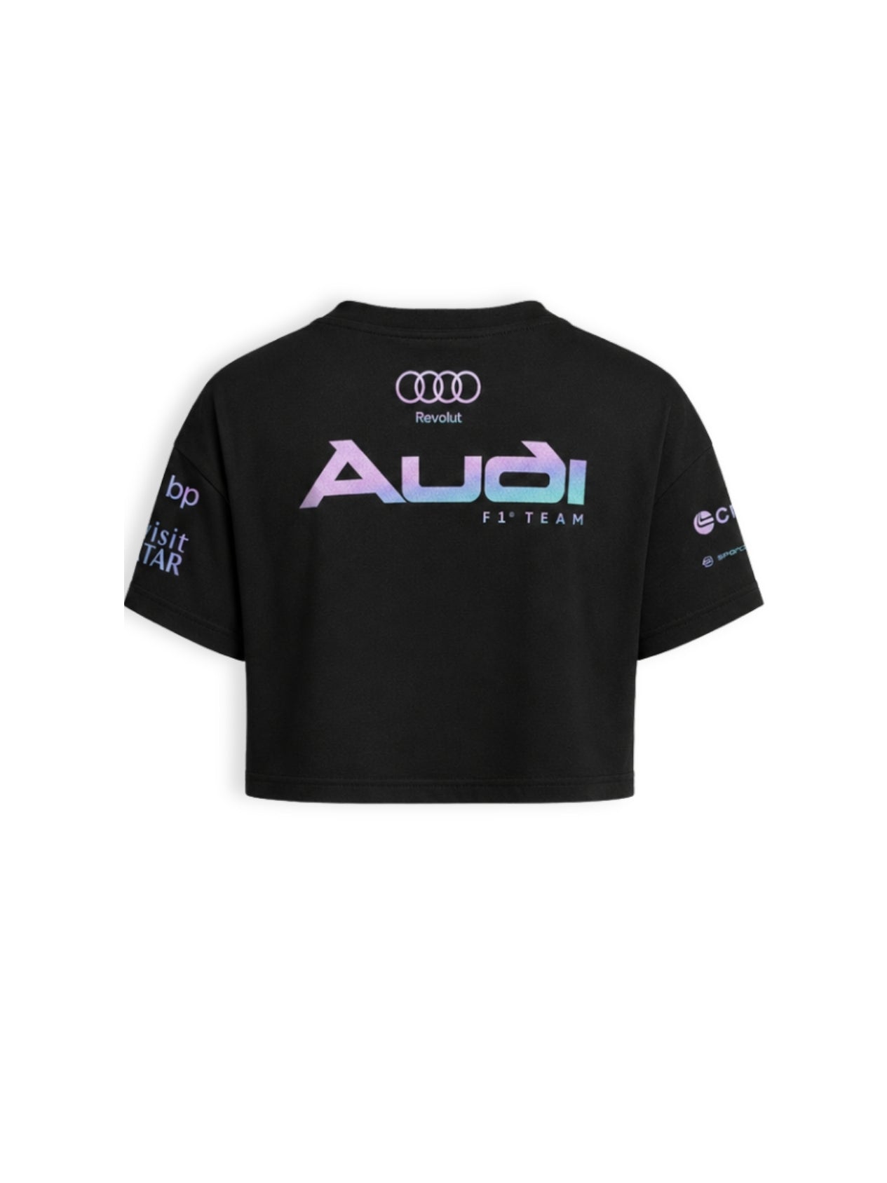 Cropped F1 Audi Miami Edition preto — costas com o logo Audi F1 Team em degradê