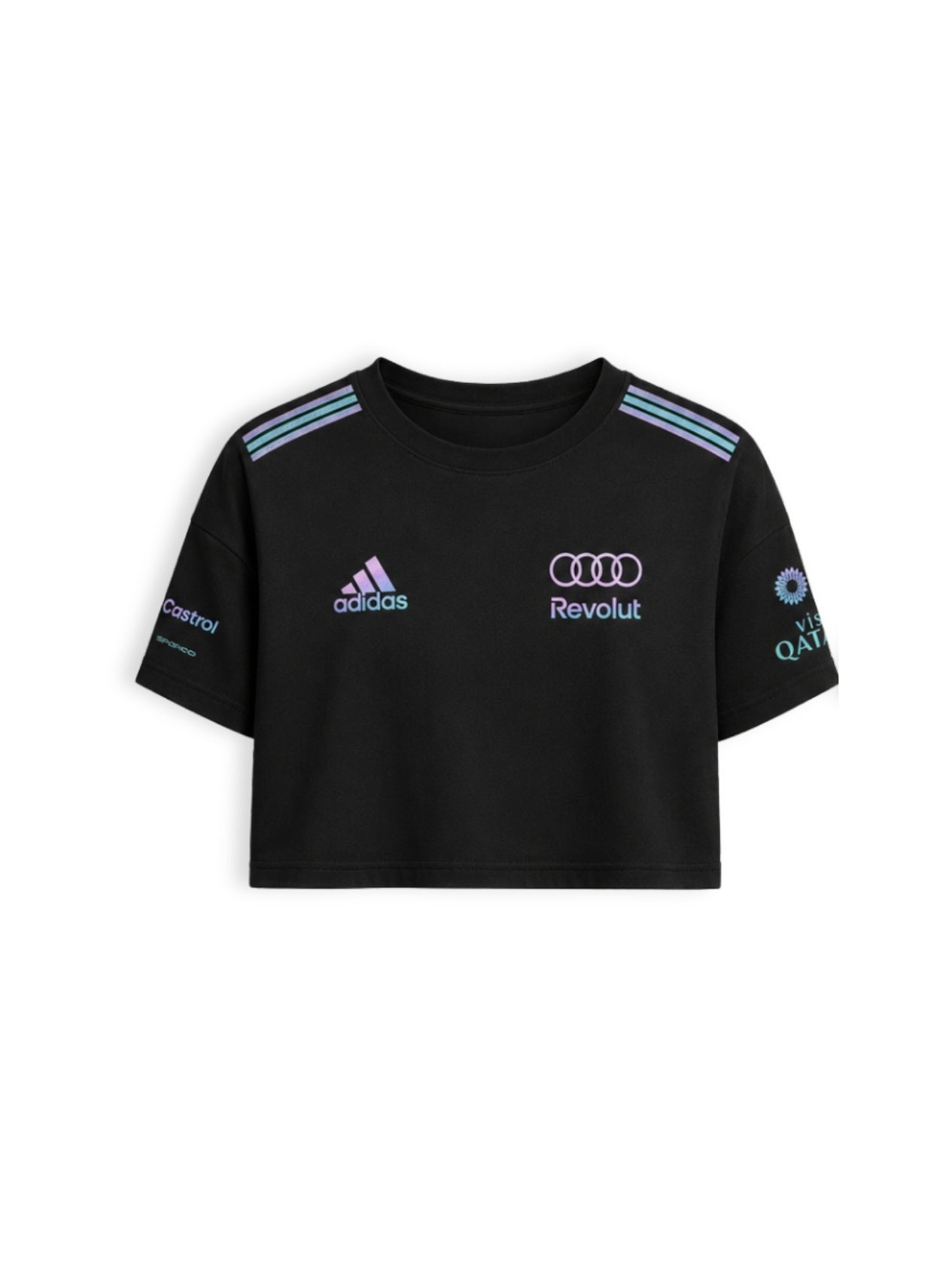 Cropped F1 Audi Miami Edition preto — frente com os anéis Audi, adidas e Revolut em arte holográfica