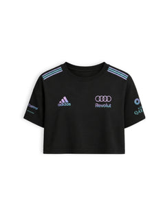 Cropped F1 Audi Miami Edition preto — frente com os anéis Audi, adidas e Revolut em arte holográfica