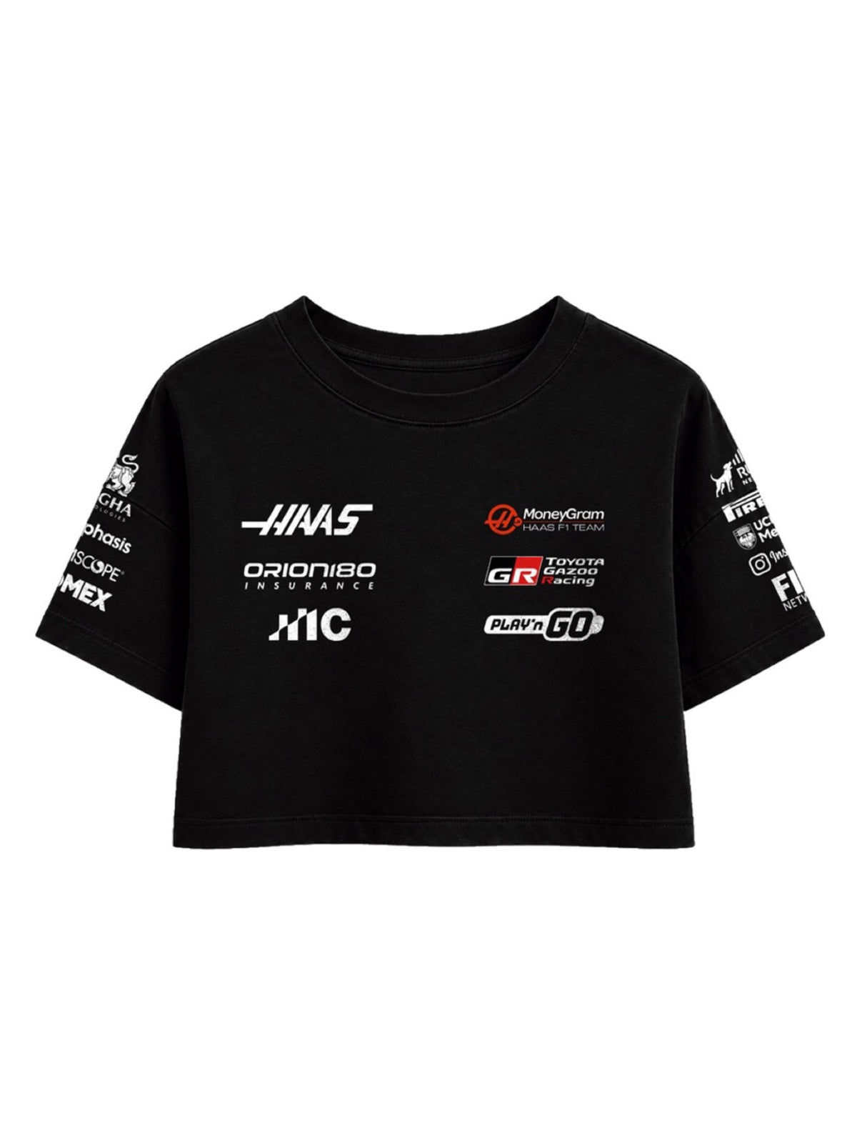 Cropped F1 Haas Rafael Câmara preto — frente com os logos da equipe e dos patrocinadores