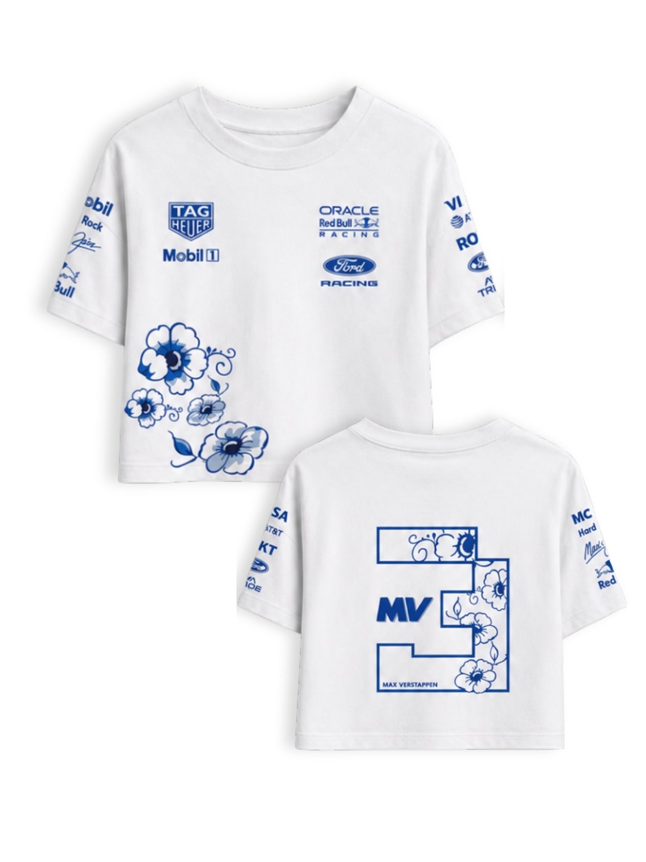 Cropped F1 Max Verstappen Red Bull Zandvoort branco — frente e costas, com arte floral azul de Delft