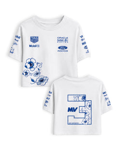 Cropped F1 Max Verstappen Red Bull Zandvoort branco — frente e costas, com arte floral azul de Delft