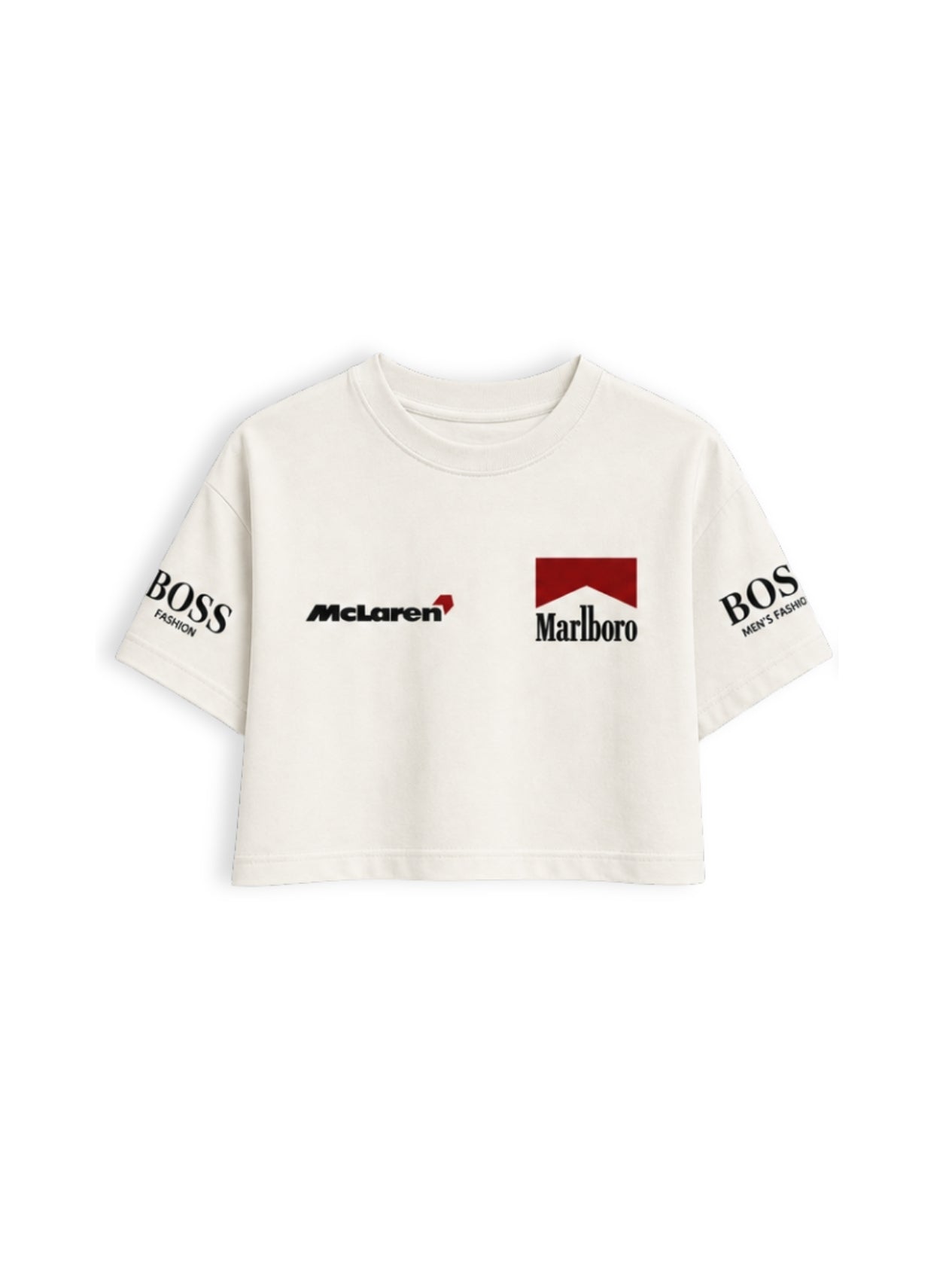 Cropped F1 McLaren Marlboro Retrô off white — frente com os logos McLaren, Marlboro e BOSS
