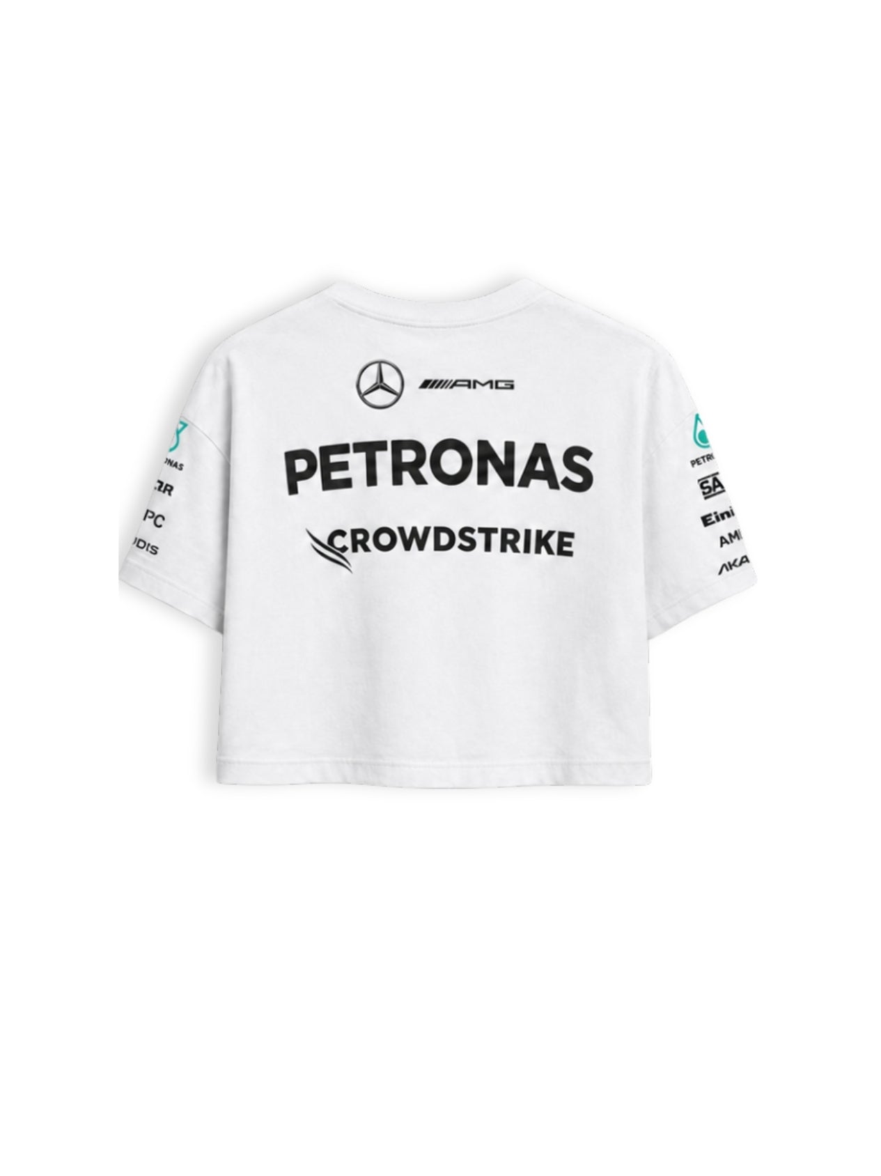Cropped F1 Mercedes AMG Petronas branco — costas com PETRONAS e CrowdStrike