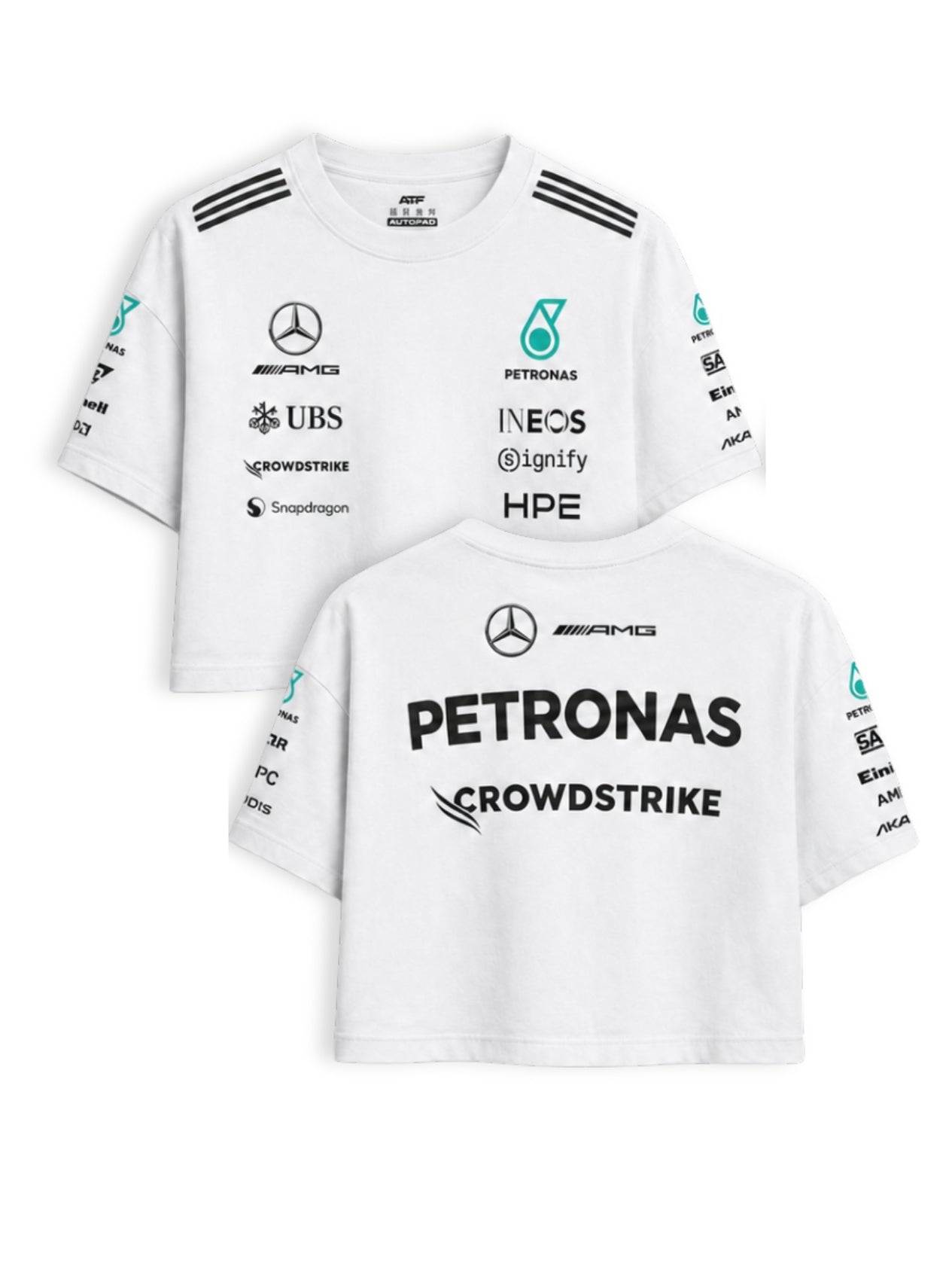 Cropped F1 Mercedes AMG Petronas branco — frente e costas
