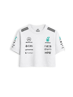 Cropped F1 Mercedes AMG Petronas branco — frente com a estrela Mercedes, AMG e os patrocinadores
