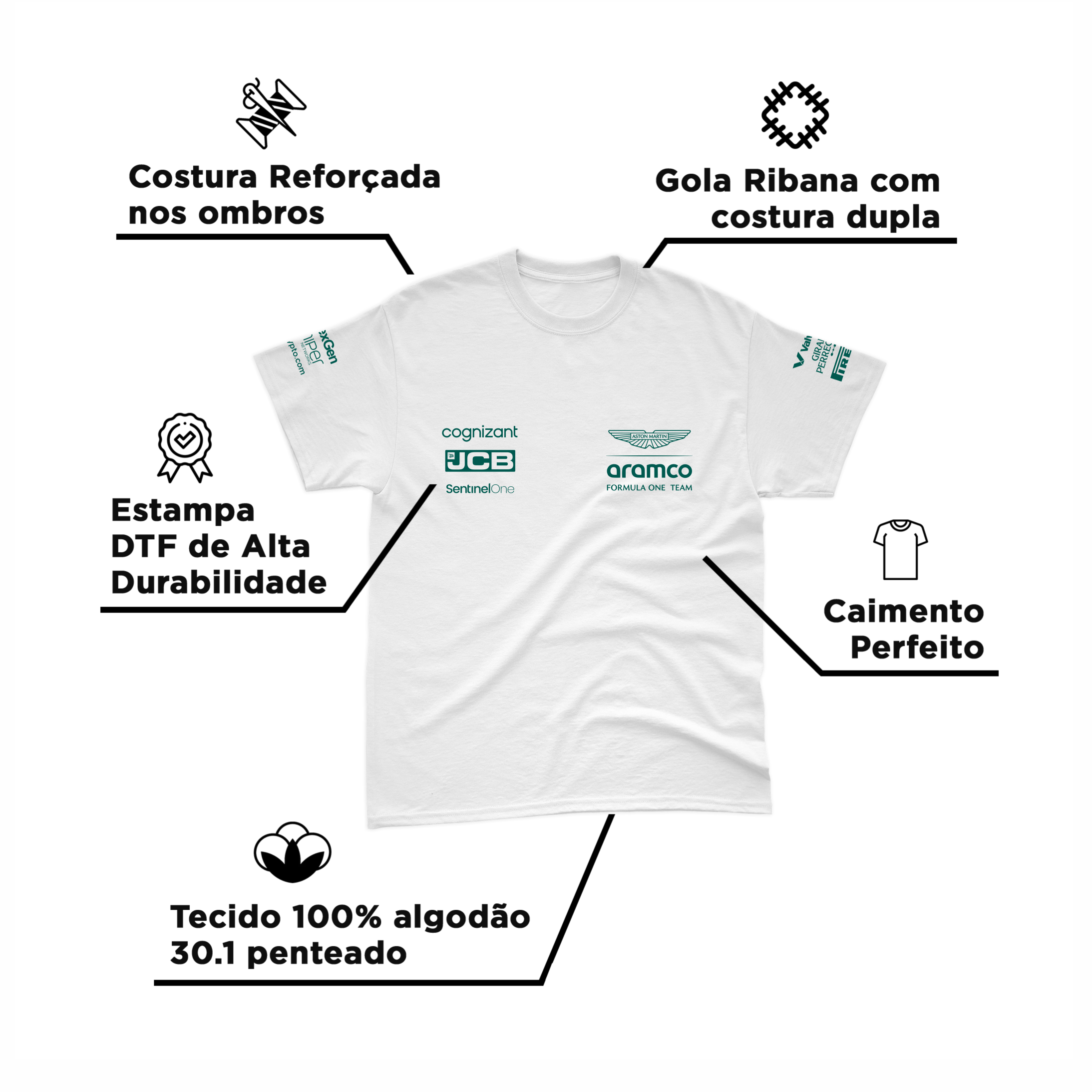 Camiseta Algodão Aston Martin 2024 Branca