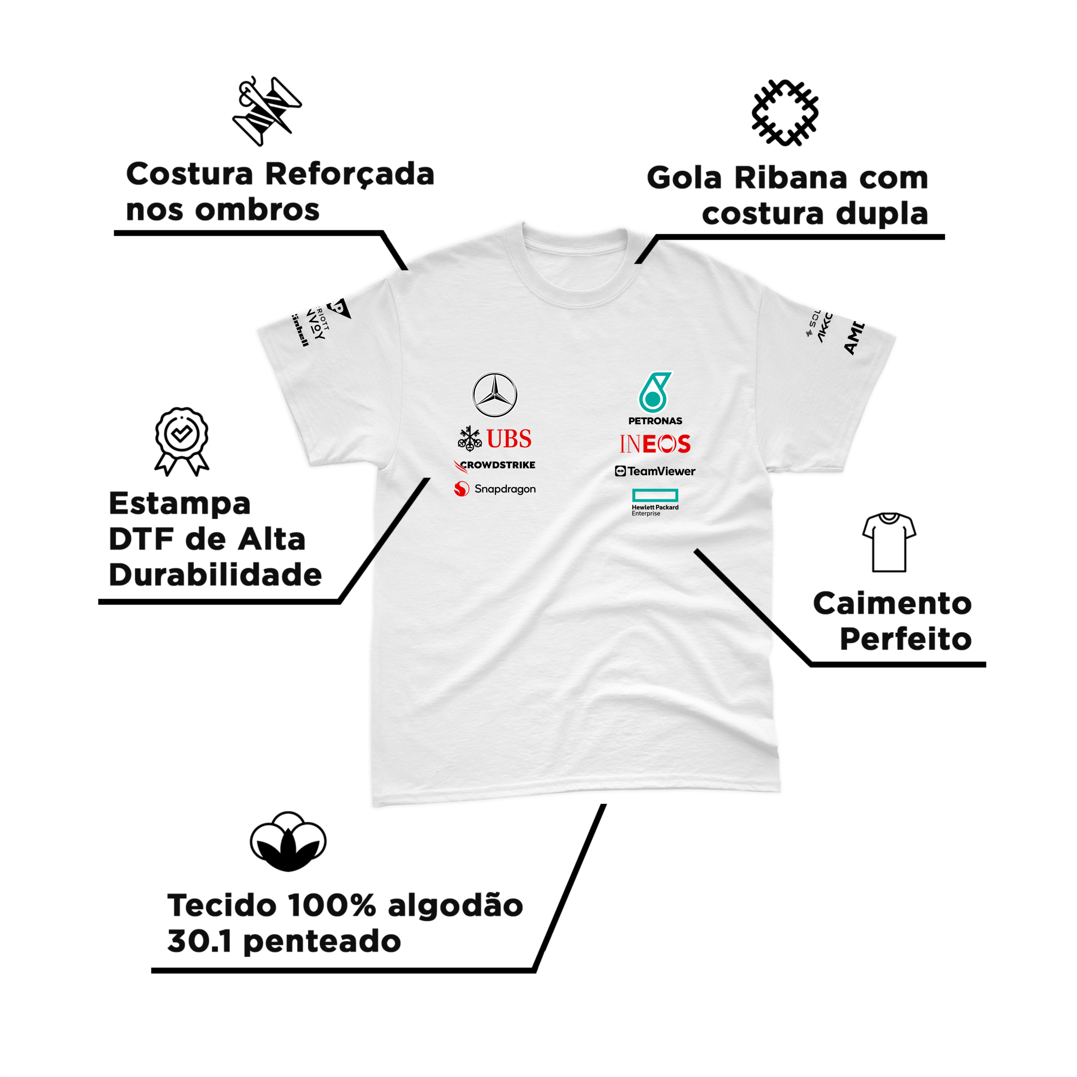 Camiseta Algodão Lewis Hamilton Mercedes 2024 Branca