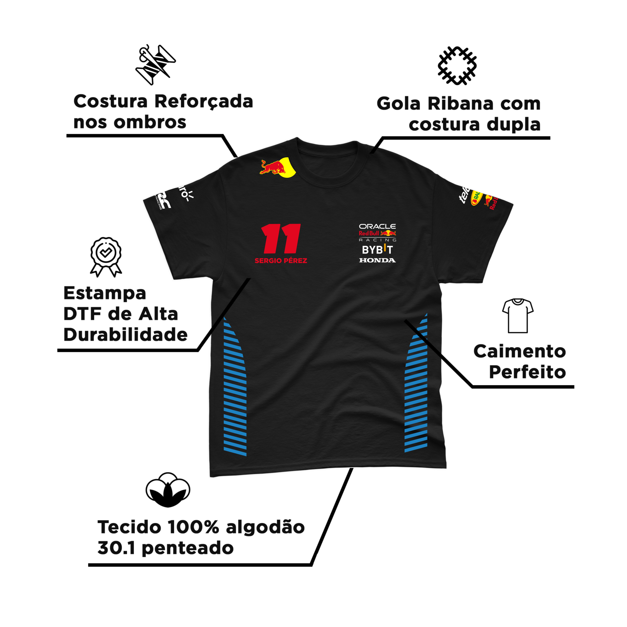 Camiseta Algodão Sergio Perez Red Bull Racing 2024 Preta