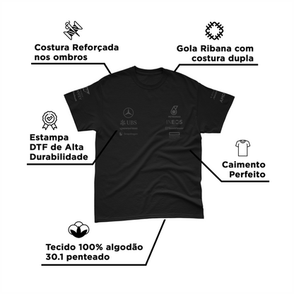 Camiseta Algodão Lewis Hamilton Mercedes 2024 All Black