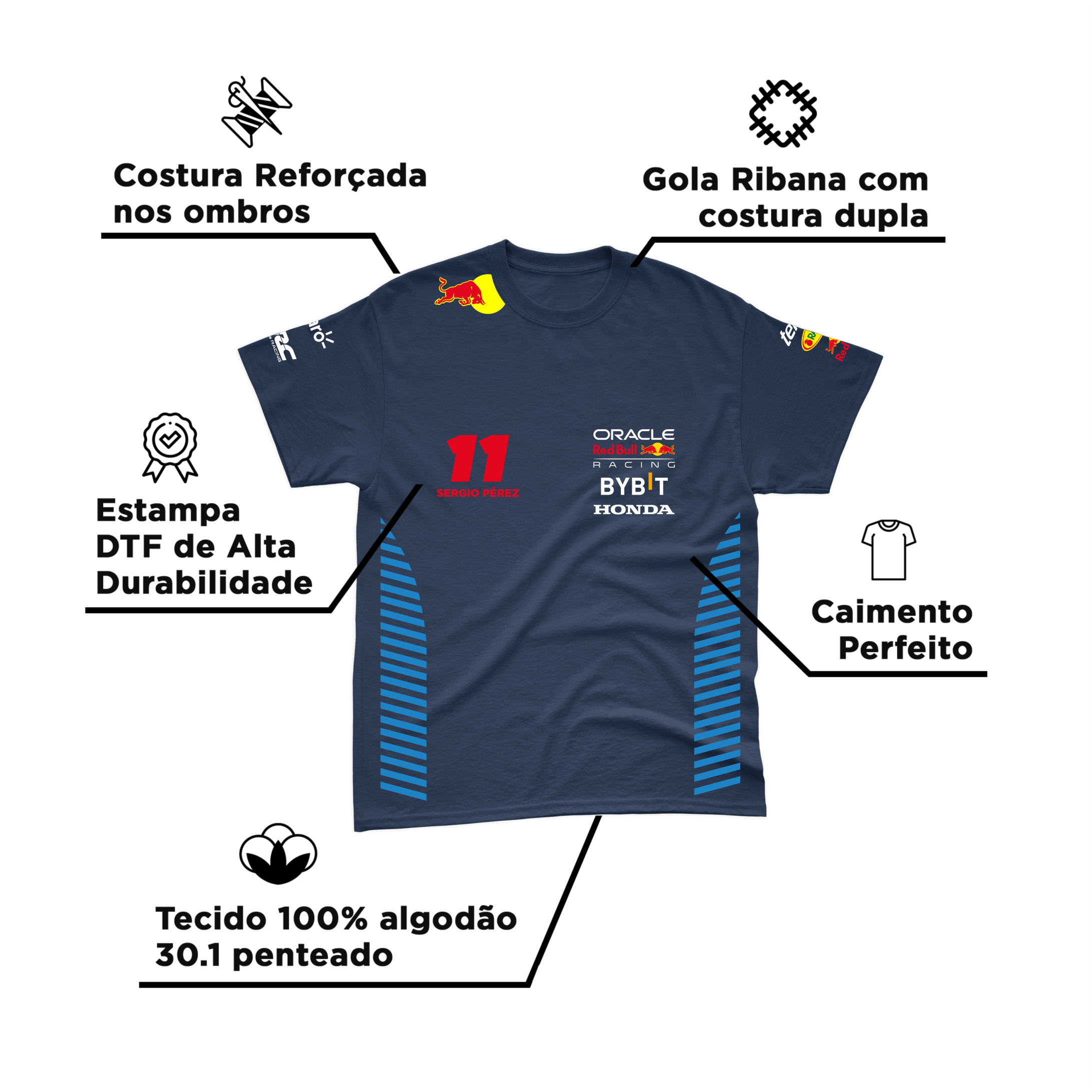 Camiseta Algodão Sergio Perez Red Bull Racing 2024 Azul Marinho