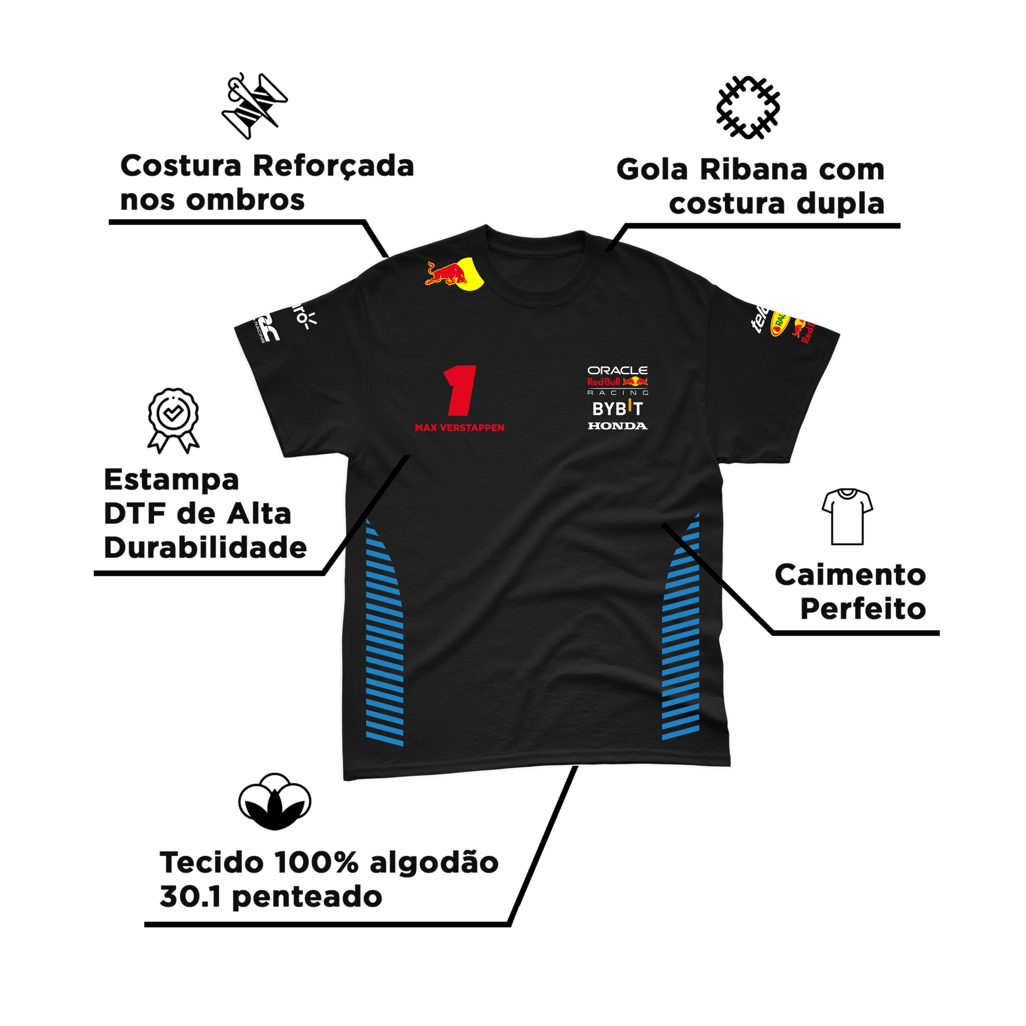 Camiseta Algodão Max Verstappen Red Bull Racing 2024 Preta