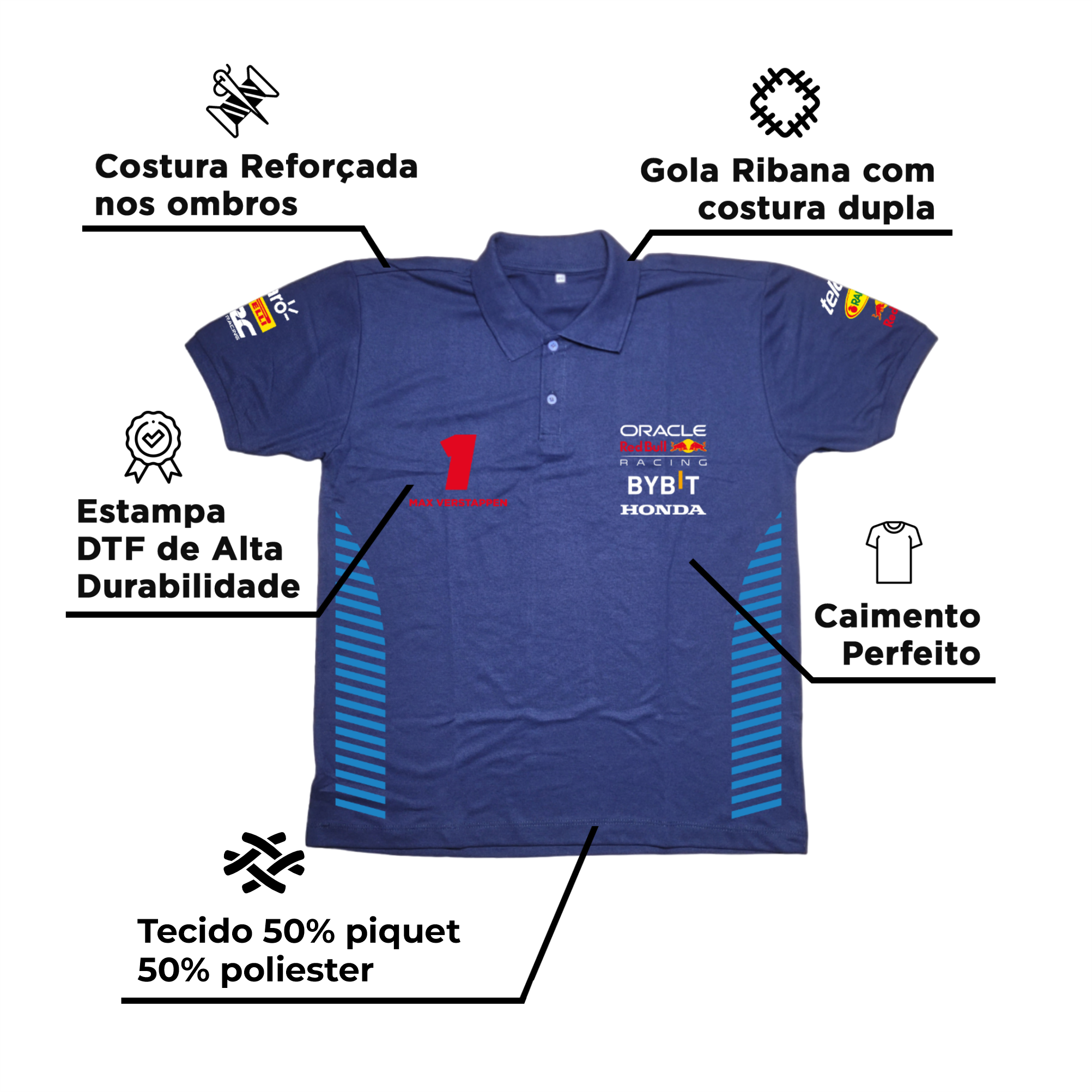 Camisa Polo Max Verstappen Red Bull Racing 2024 Azul Mrinho