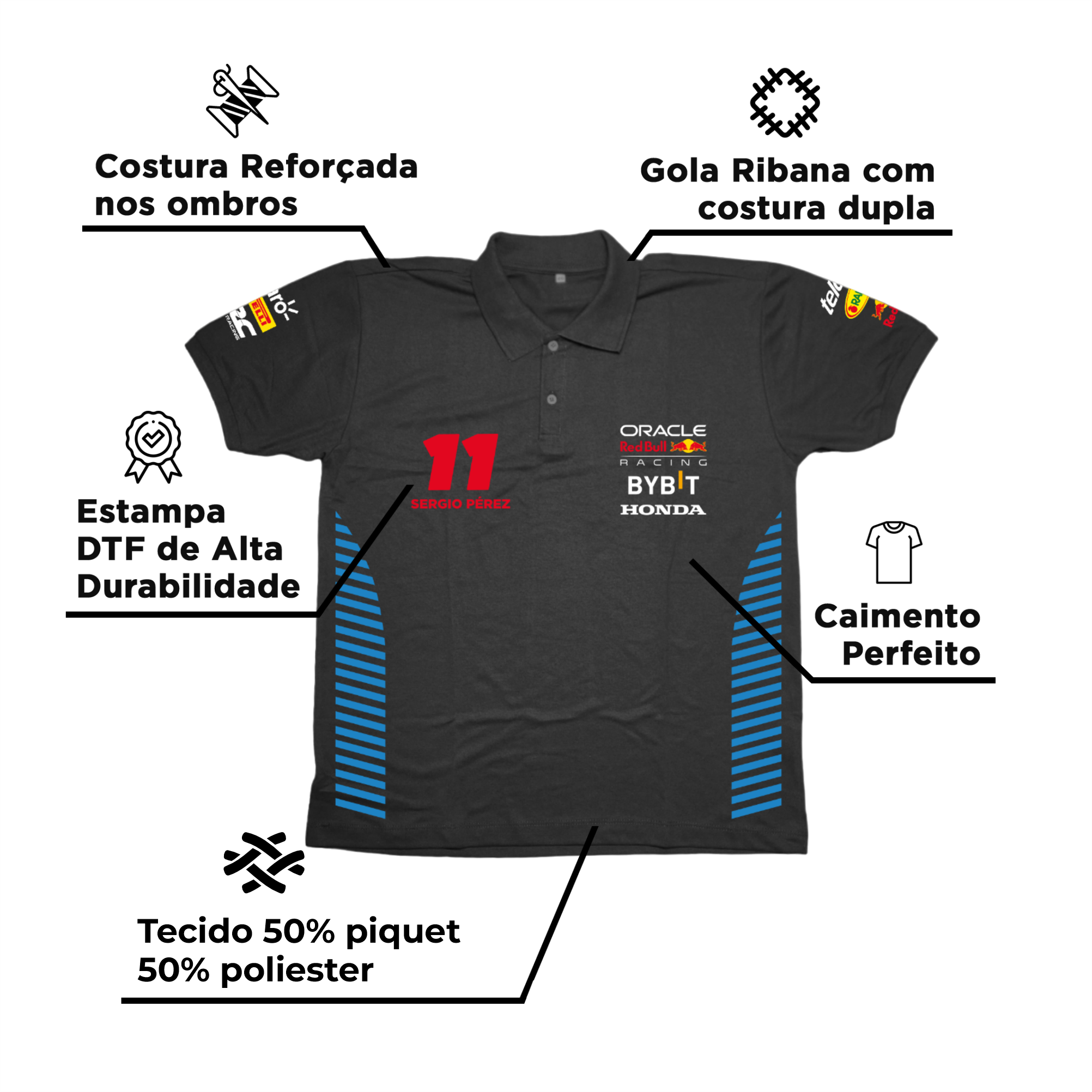 Camisa Polo Sergio Perez Red Bull Racing 2024 Preta