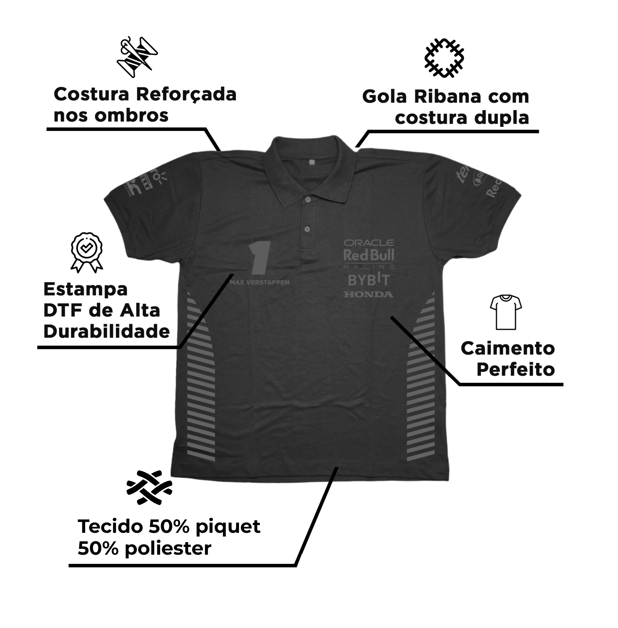 Camisa Polo Max Vertsappen Red Bull Racing 2024 All Black
