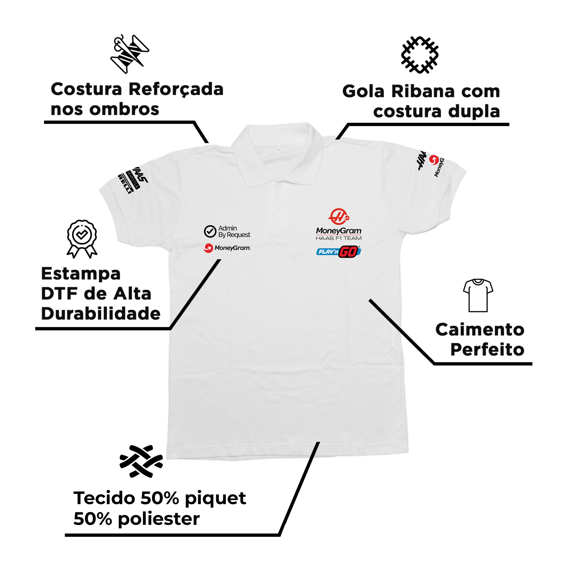 Camisa Polo Kevin Magnussen Haas F1 2024 Branca
